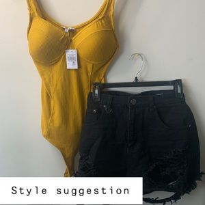 Mustard yellow Bodysuit with padded Bra inserts💛